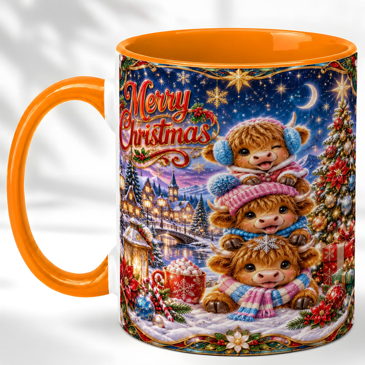 #pl[11oz|Orange] Christmas Highland Cow Coffee Mug, Cute Cow Mug, Ceramic Cup