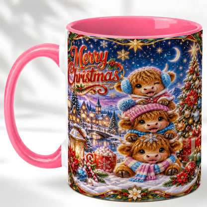 #pl[11oz|Pink] Christmas Highland Cow Coffee Mug, Cute Cow Mug, Ceramic Cup