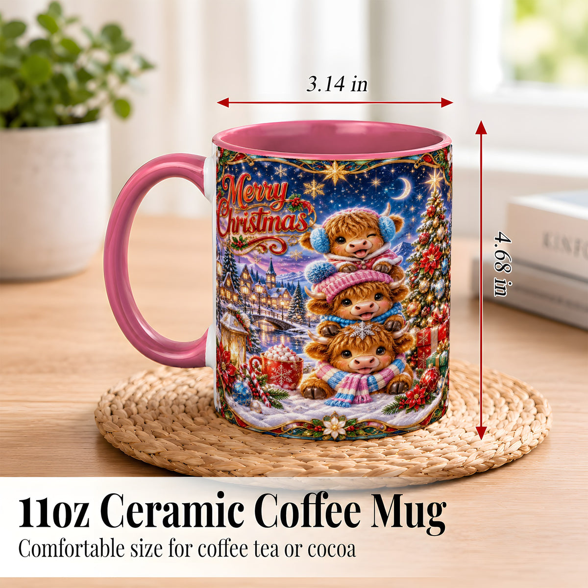 #pl[11oz|Pink] Christmas Highland Cow Coffee Mug, Cute Cow Mug, Ceramic Cup