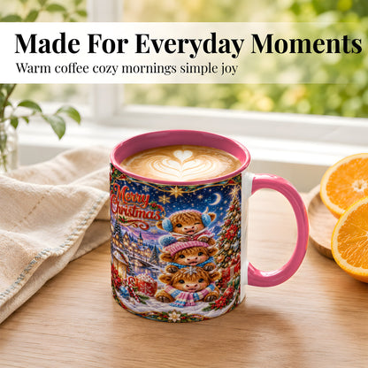 #pl[11oz|Pink] Christmas Highland Cow Coffee Mug, Cute Cow Mug, Ceramic Cup