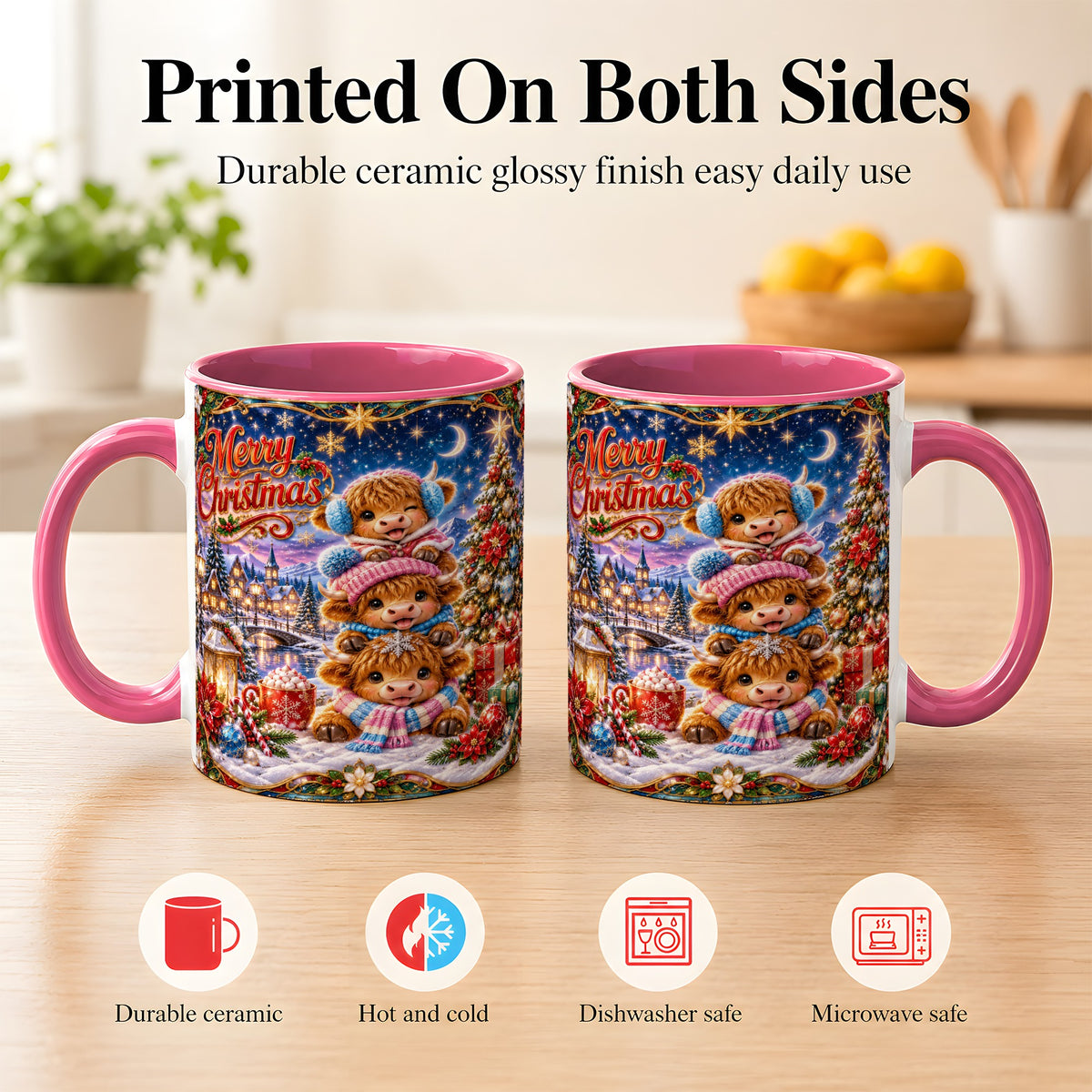 #pl[11oz|Pink] Christmas Highland Cow Coffee Mug, Cute Cow Mug, Ceramic Cup