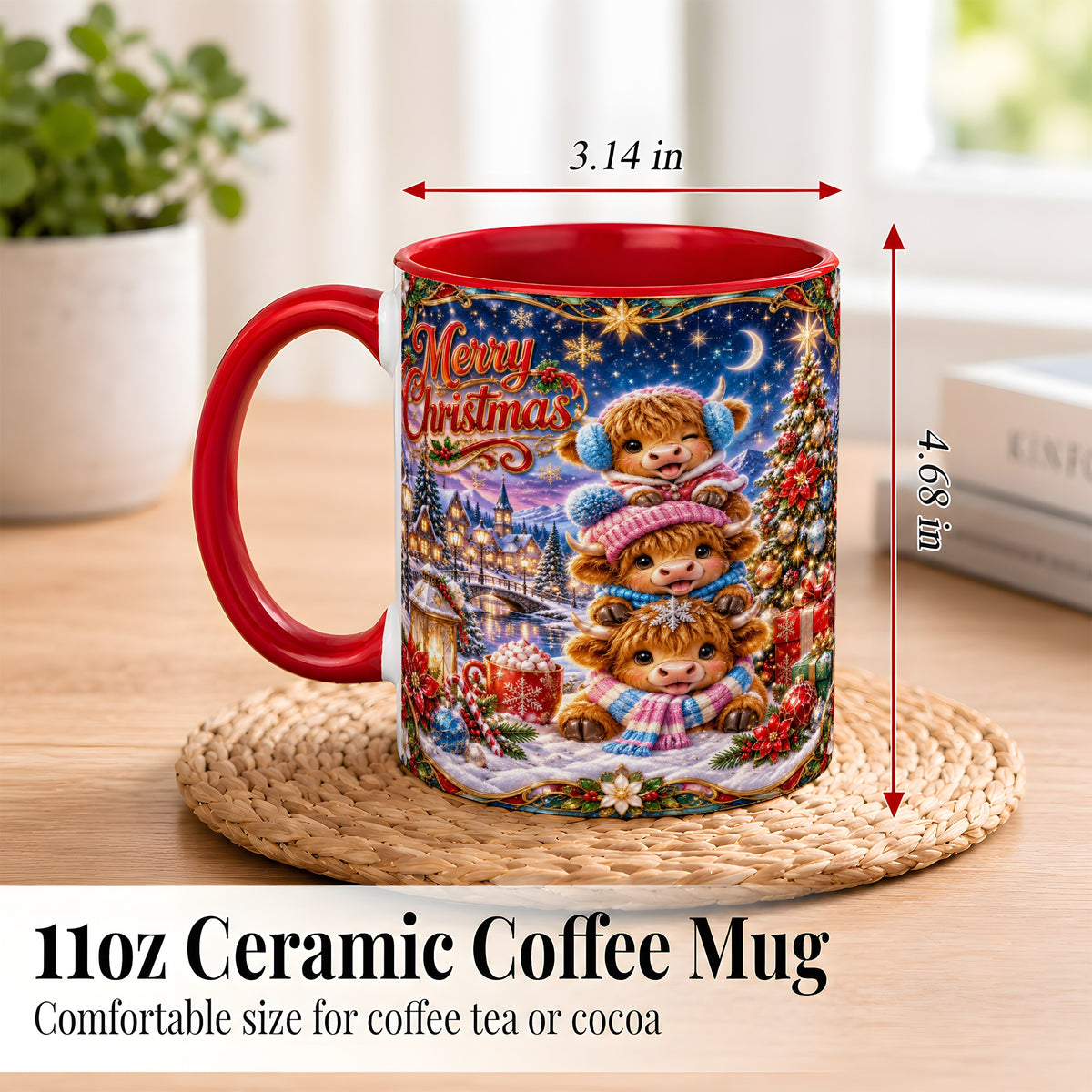 #pl[11oz|Red] Christmas Highland Cow Coffee Mug, Cute Cow Mug, Ceramic Cup