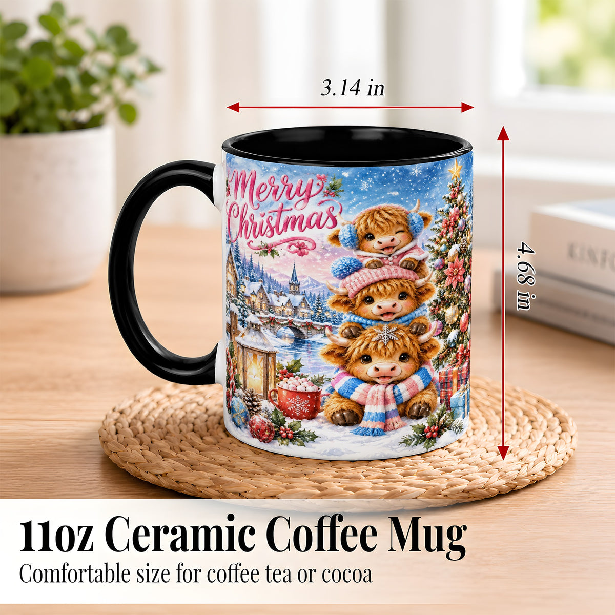 #pl[11oz|Black] Watercolor Christmas Cow Coffee Mug, Highland Cow Mug, Ceramic Cup