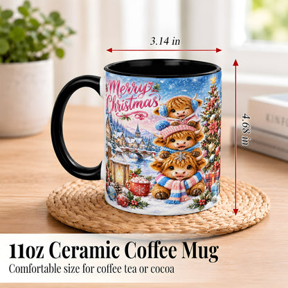 #pl[11oz|Black] Watercolor Christmas Cow Coffee Mug, Highland Cow Mug, Ceramic Cup