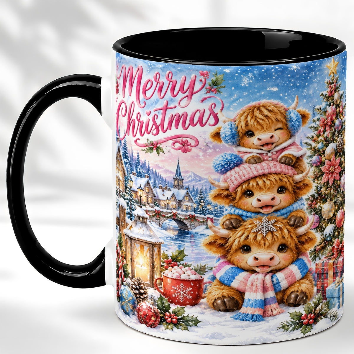 #pl[11oz|Black] Watercolor Christmas Cow Coffee Mug, Highland Cow Mug, Ceramic Cup