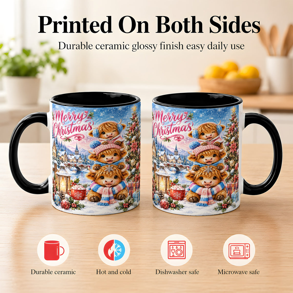 #pl[11oz|Black] Watercolor Christmas Cow Coffee Mug, Highland Cow Mug, Ceramic Cup
