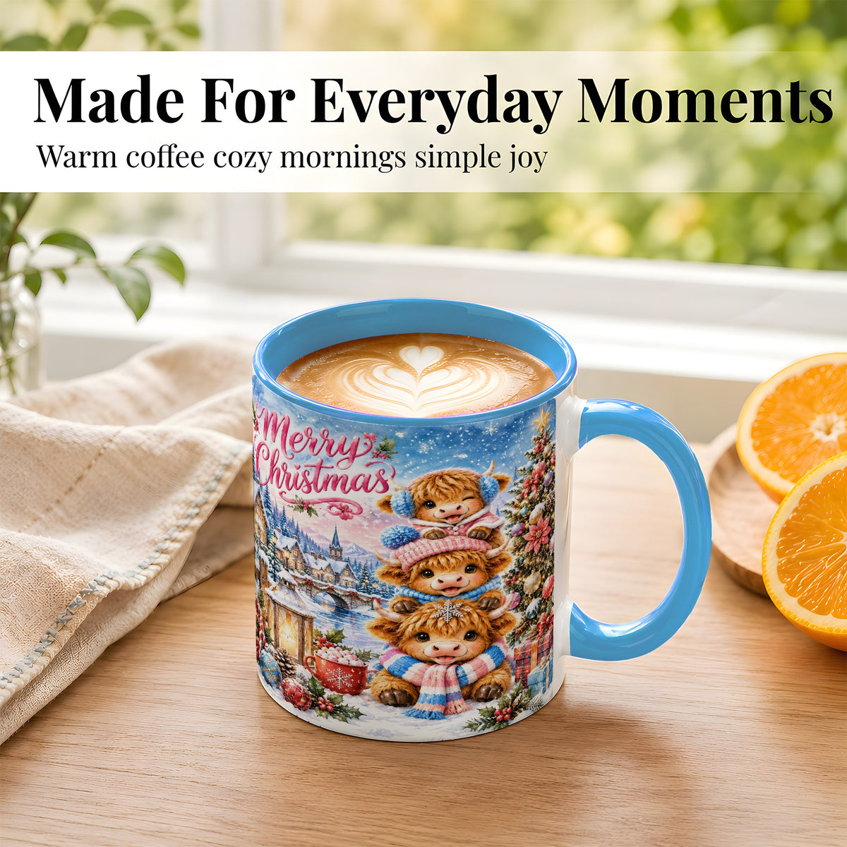 #pl[11oz|Blue] Watercolor Christmas Cow Coffee Mug, Highland Cow Mug, Ceramic Cup