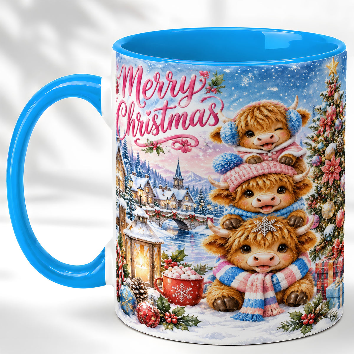 #pl[11oz|Blue] Watercolor Christmas Cow Coffee Mug, Highland Cow Mug, Ceramic Cup
