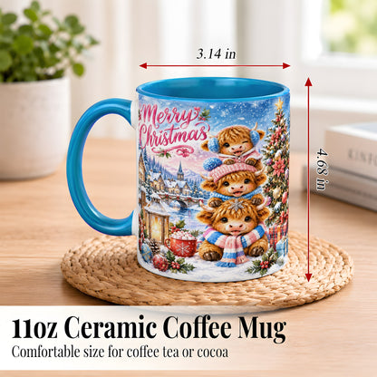 #pl[11oz|Blue] Watercolor Christmas Cow Coffee Mug, Highland Cow Mug, Ceramic Cup