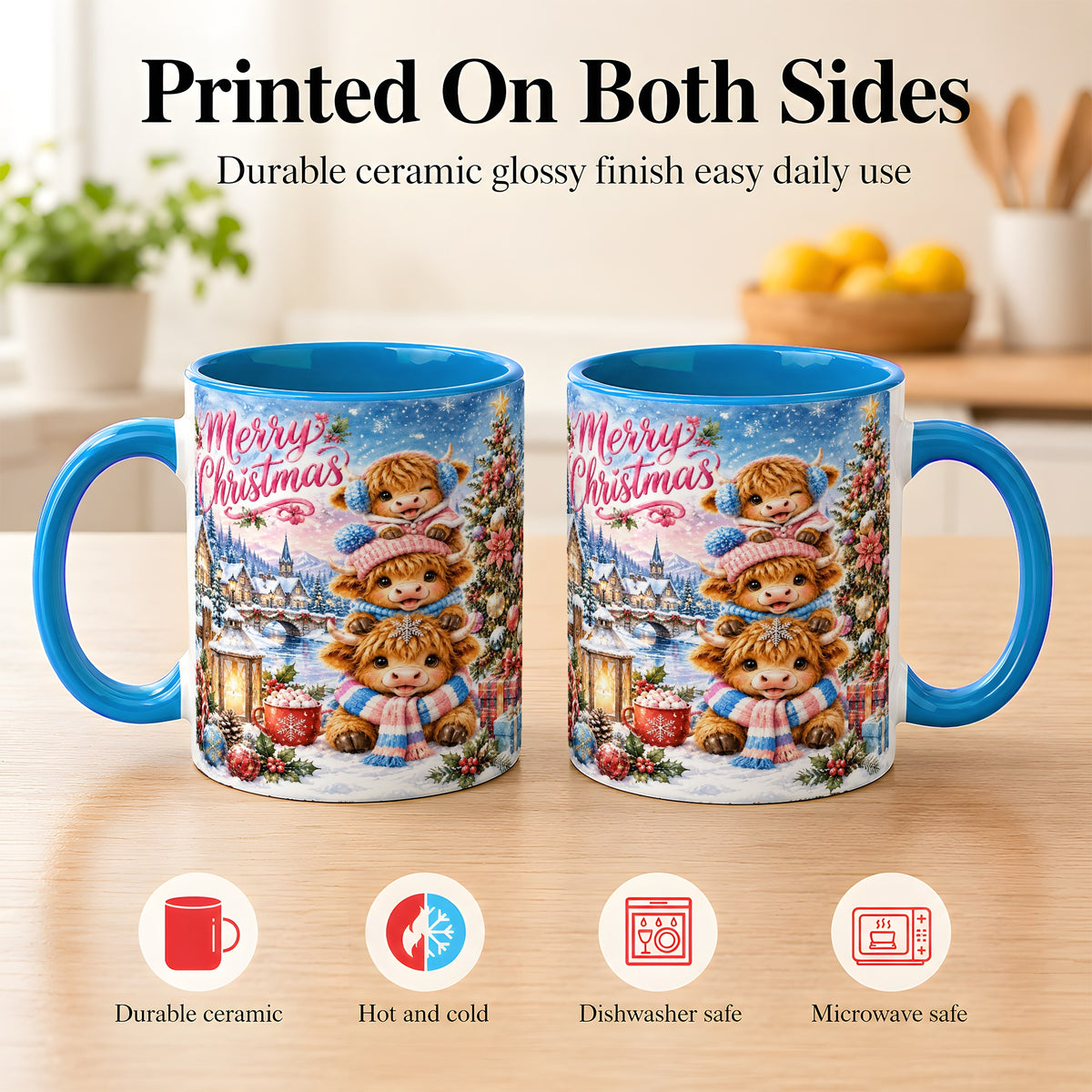 #pl[11oz|Blue] Watercolor Christmas Cow Coffee Mug, Highland Cow Mug, Ceramic Cup