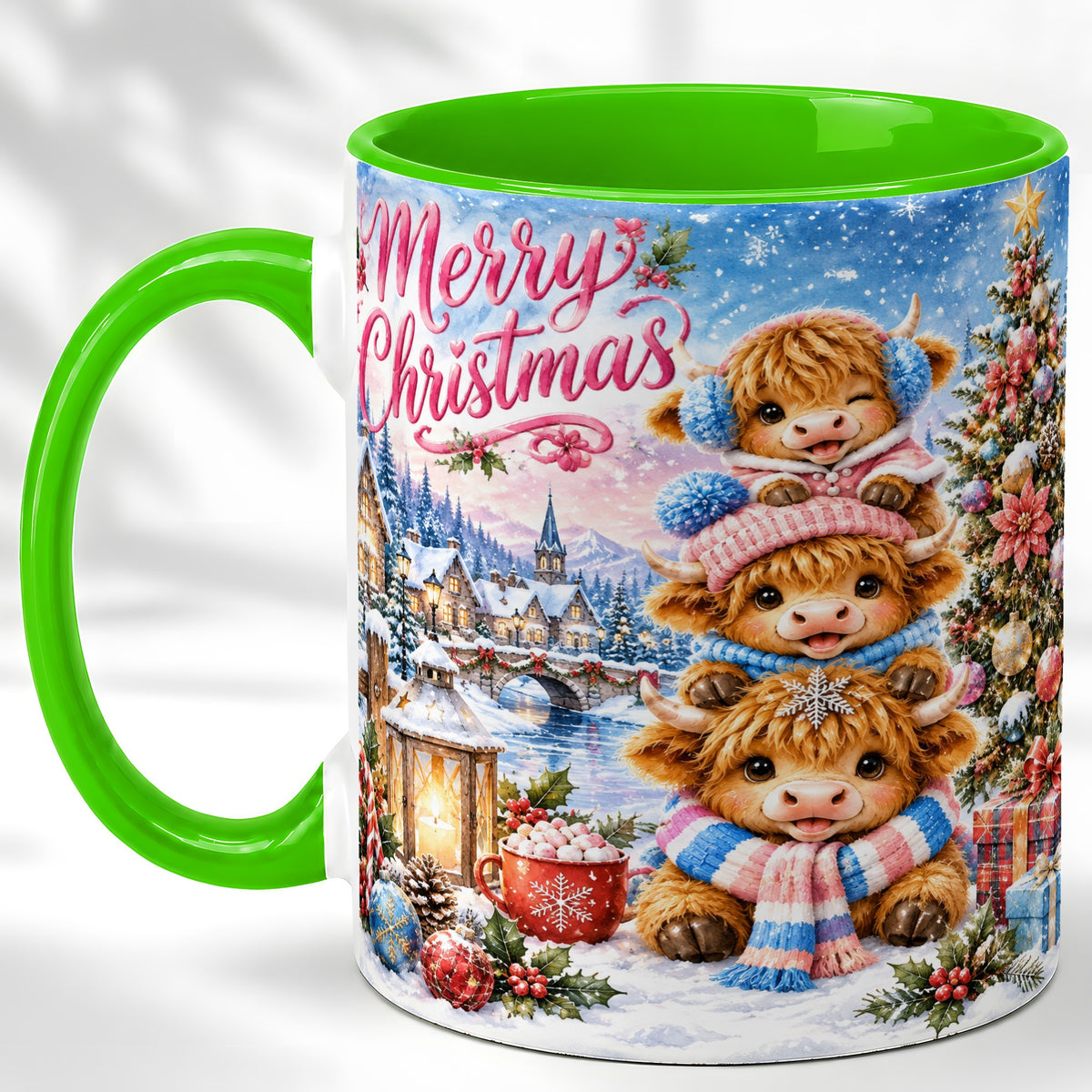 #pl[11oz|Green] Watercolor Christmas Cow Coffee Mug, Highland Cow Mug, Ceramic Cup