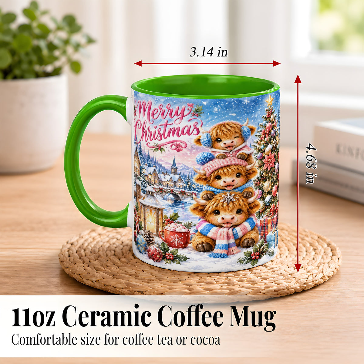 #pl[11oz|Green] Watercolor Christmas Cow Coffee Mug, Highland Cow Mug, Ceramic Cup