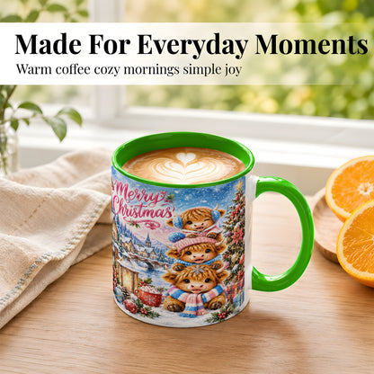 #pl[11oz|Green] Watercolor Christmas Cow Coffee Mug, Highland Cow Mug, Ceramic Cup