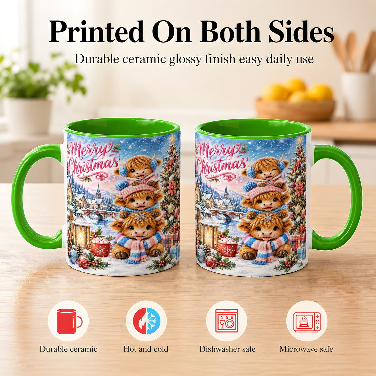 #pl[11oz|Green] Watercolor Christmas Cow Coffee Mug, Highland Cow Mug, Ceramic Cup