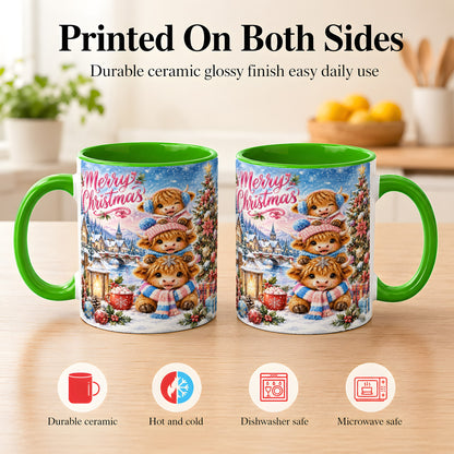 #pl[11oz|Green] Watercolor Christmas Cow Coffee Mug, Highland Cow Mug, Ceramic Cup