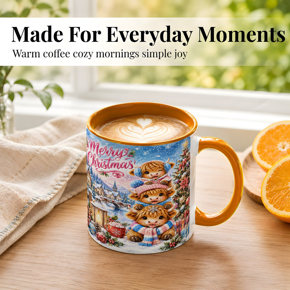 #pl[11oz|Orange] Watercolor Christmas Cow Coffee Mug, Highland Cow Mug, Ceramic Cup