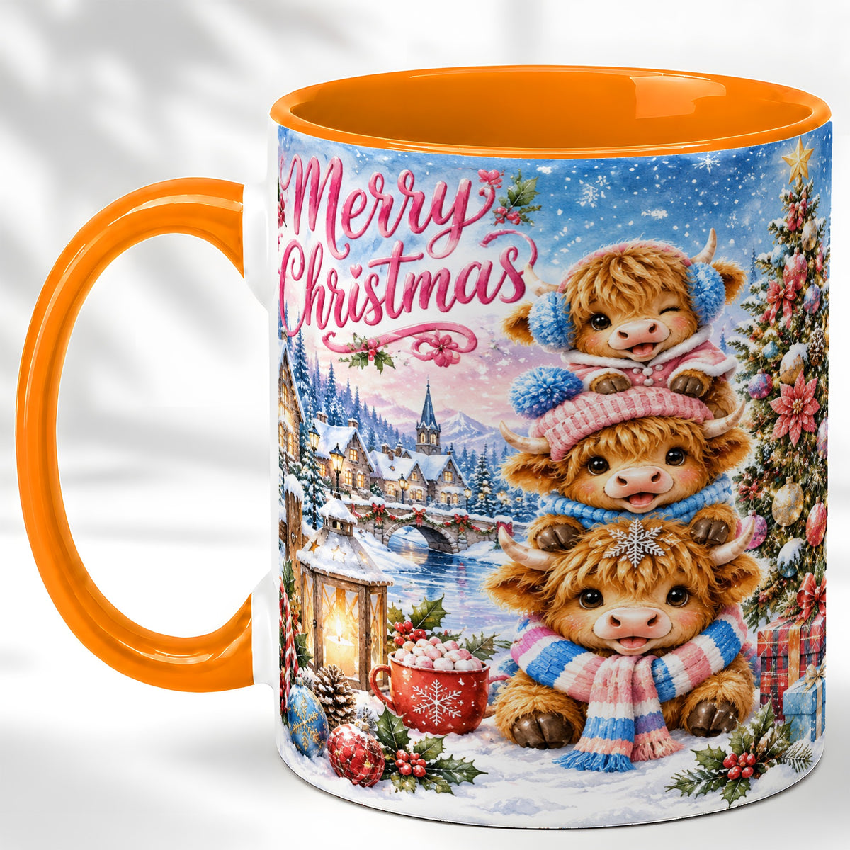 #pl[11oz|Orange] Watercolor Christmas Cow Coffee Mug, Highland Cow Mug, Ceramic Cup