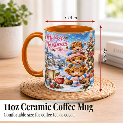 #pl[11oz|Orange] Watercolor Christmas Cow Coffee Mug, Highland Cow Mug, Ceramic Cup