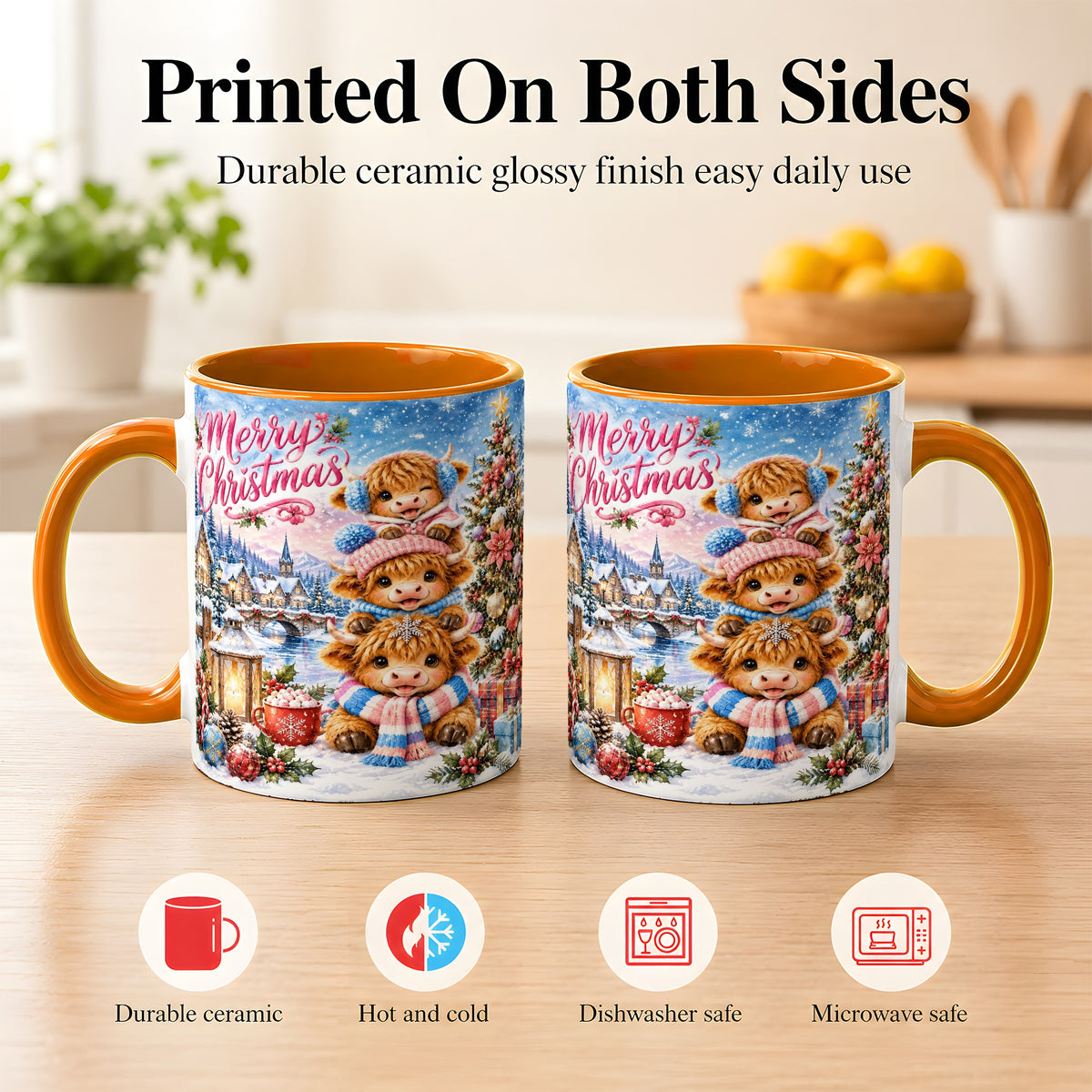 #pl[11oz|Orange] Watercolor Christmas Cow Coffee Mug, Highland Cow Mug, Ceramic Cup