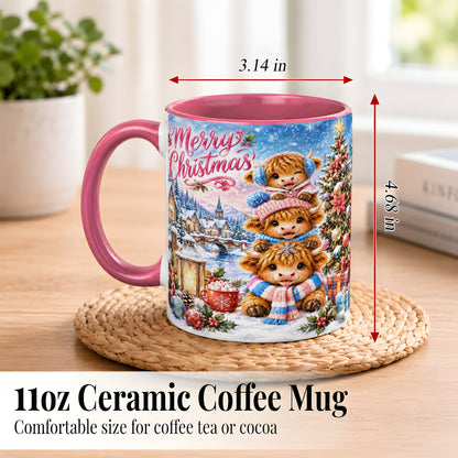 #pl[11oz|Pink] Watercolor Christmas Cow Coffee Mug, Highland Cow Mug, Ceramic Cup