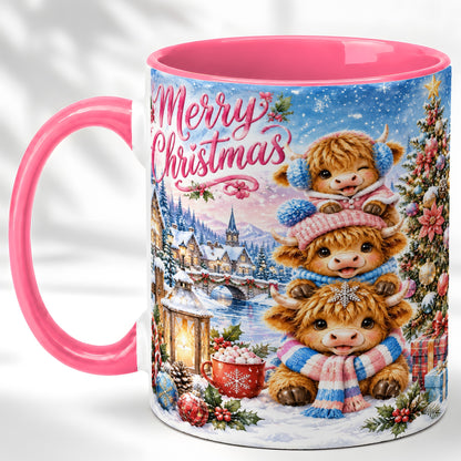 #pl[11oz|Pink] Watercolor Christmas Cow Coffee Mug, Highland Cow Mug, Ceramic Cup