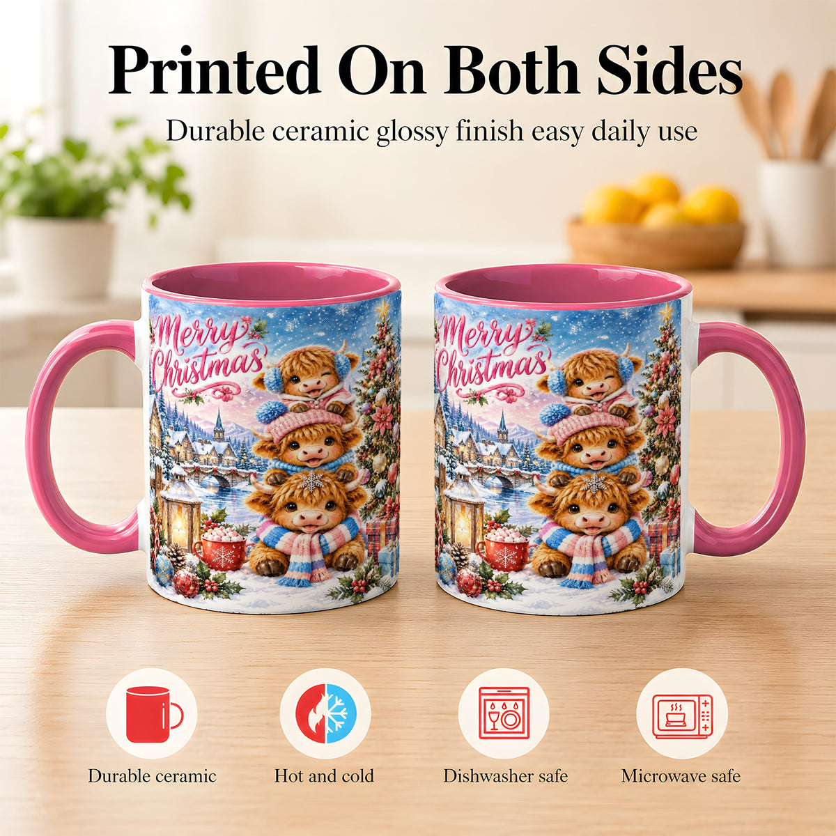 #pl[11oz|Pink] Watercolor Christmas Cow Coffee Mug, Highland Cow Mug, Ceramic Cup