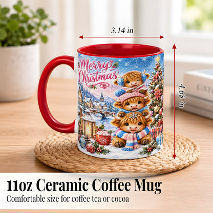 #pl[11oz|Red] Watercolor Christmas Cow Coffee Mug, Highland Cow Mug, Ceramic Cup