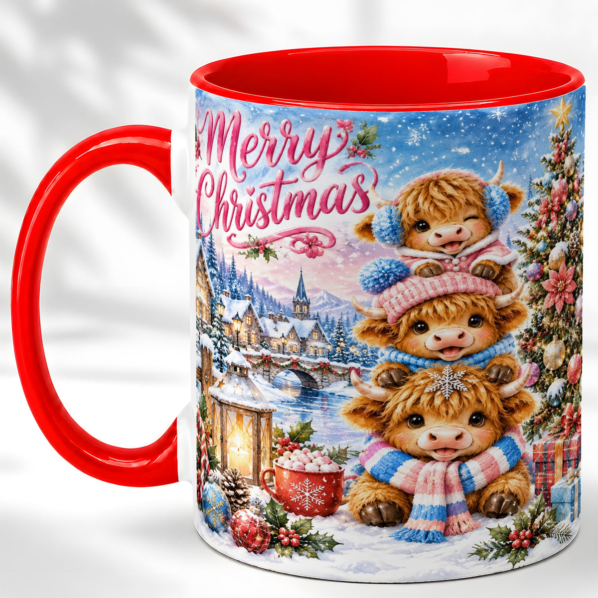 #pl[11oz|Red] Watercolor Christmas Cow Coffee Mug, Highland Cow Mug, Ceramic Cup