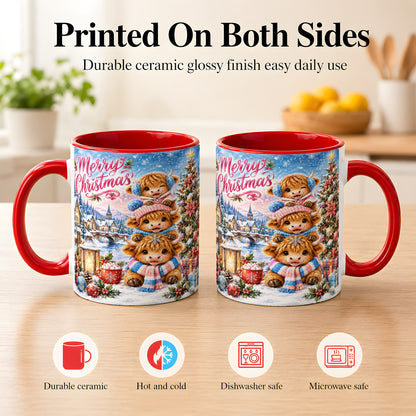 #pl[11oz|Red] Watercolor Christmas Cow Coffee Mug, Highland Cow Mug, Ceramic Cup