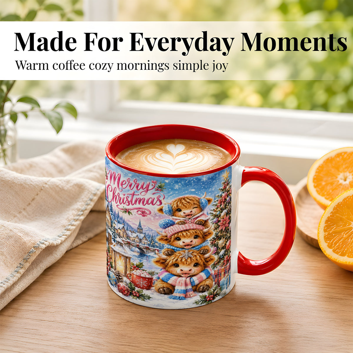 #pl[11oz|Red] Watercolor Christmas Cow Coffee Mug, Highland Cow Mug, Ceramic Cup