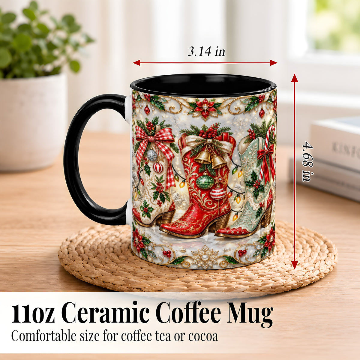 #pl[11oz|Black] Christmas Cowboy Boots Coffee Mug, Western Boots Mug, Ceramic Cup