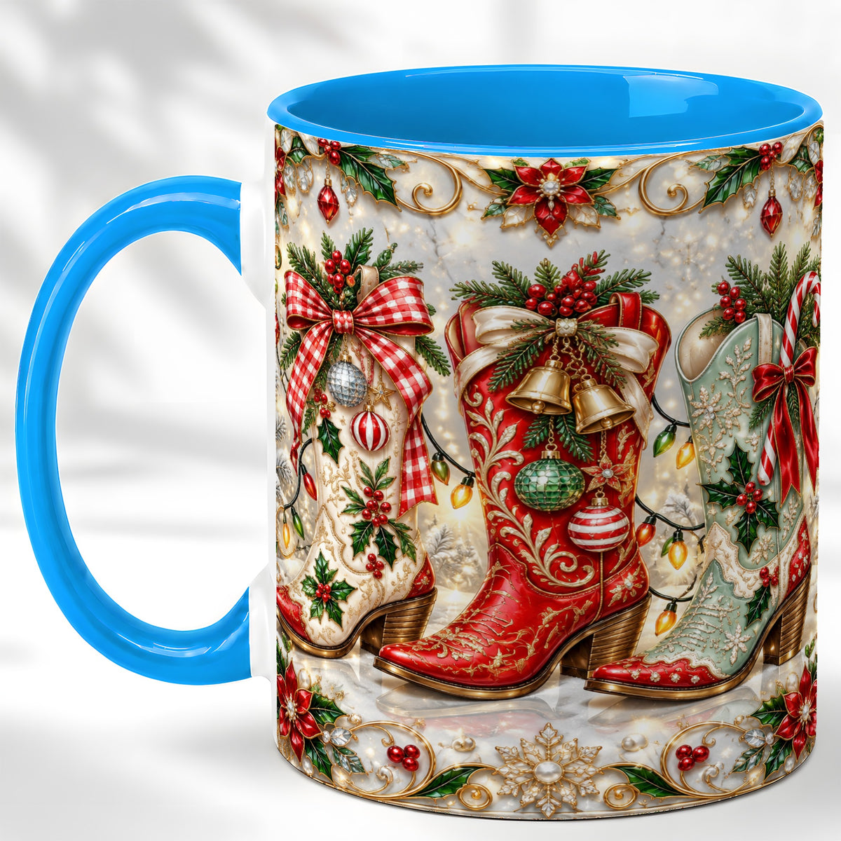 #pl[11oz|Blue] Christmas Cowboy Boots Coffee Mug, Western Boots Mug, Ceramic Cup
