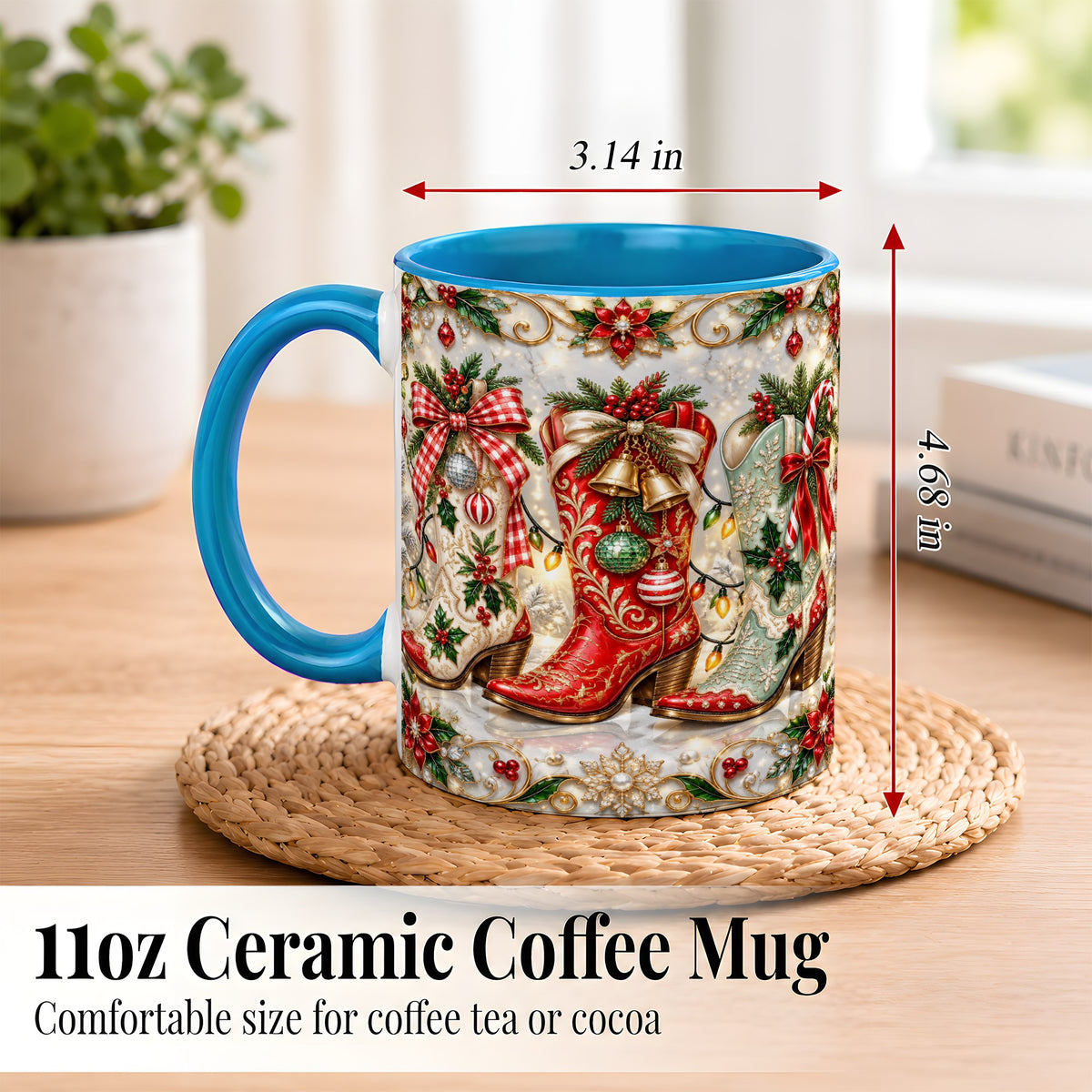 #pl[11oz|Blue] Christmas Cowboy Boots Coffee Mug, Western Boots Mug, Ceramic Cup