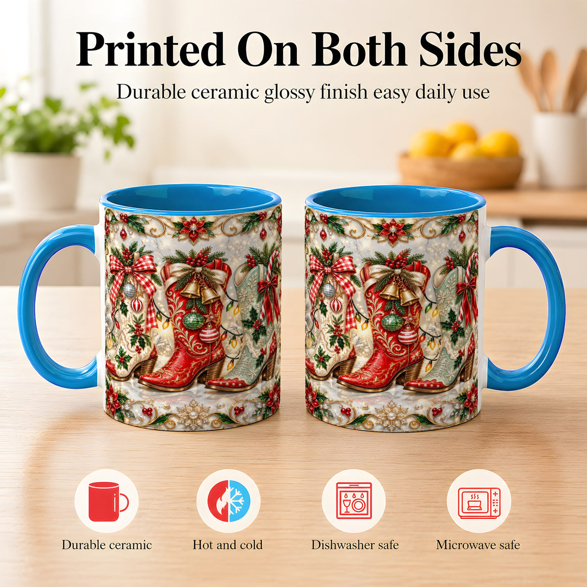 #pl[11oz|Blue] Christmas Cowboy Boots Coffee Mug, Western Boots Mug, Ceramic Cup