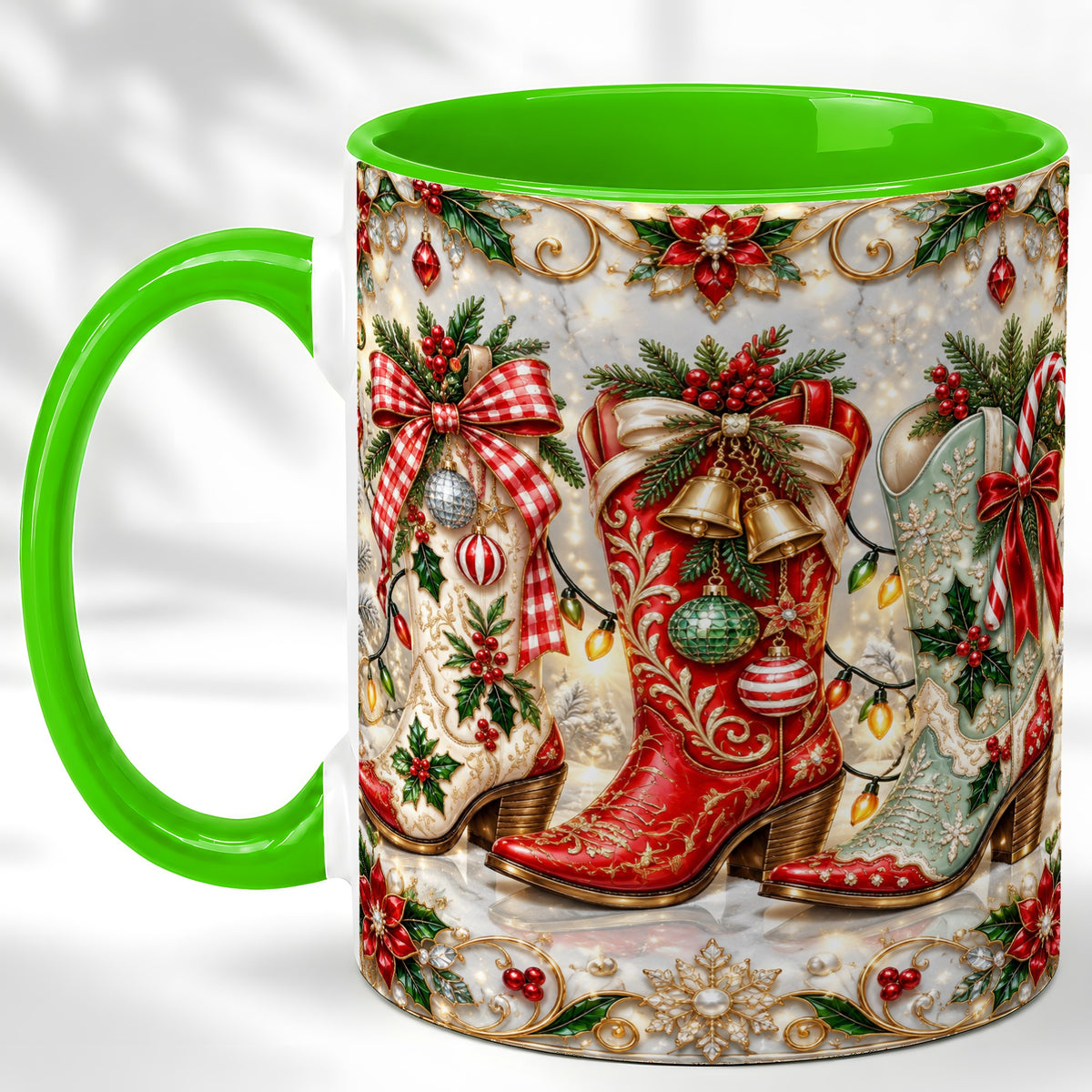 #pl[11oz|Green] Christmas Cowboy Boots Coffee Mug, Western Boots Mug, Ceramic Cup