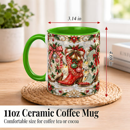 #pl[11oz|Green] Christmas Cowboy Boots Coffee Mug, Western Boots Mug, Ceramic Cup