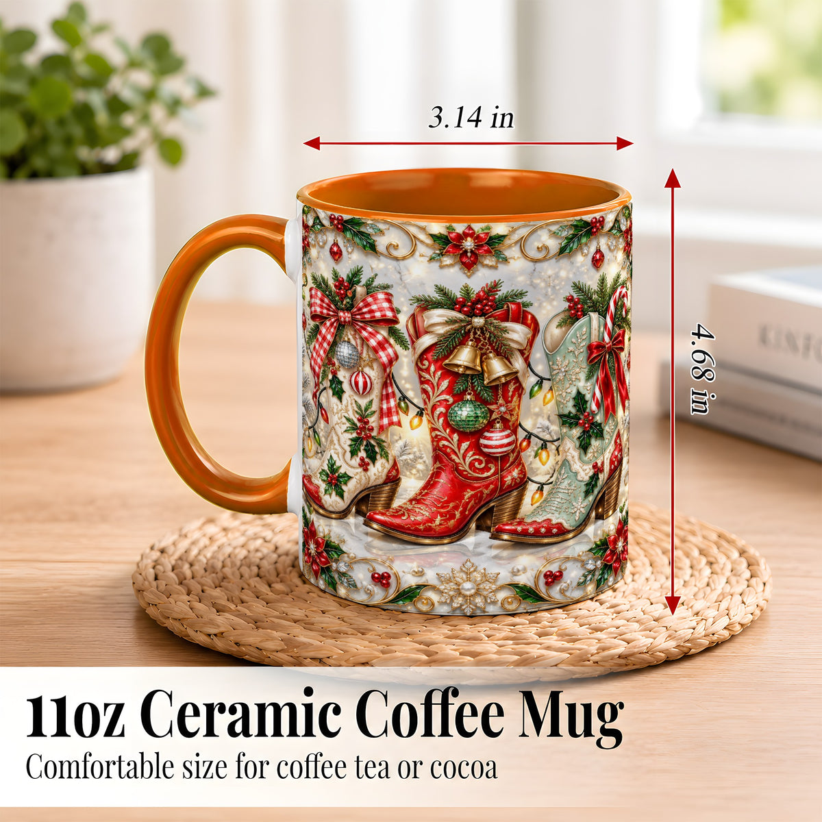 #pl[11oz|Orange] Christmas Cowboy Boots Coffee Mug, Western Boots Mug, Ceramic Cup