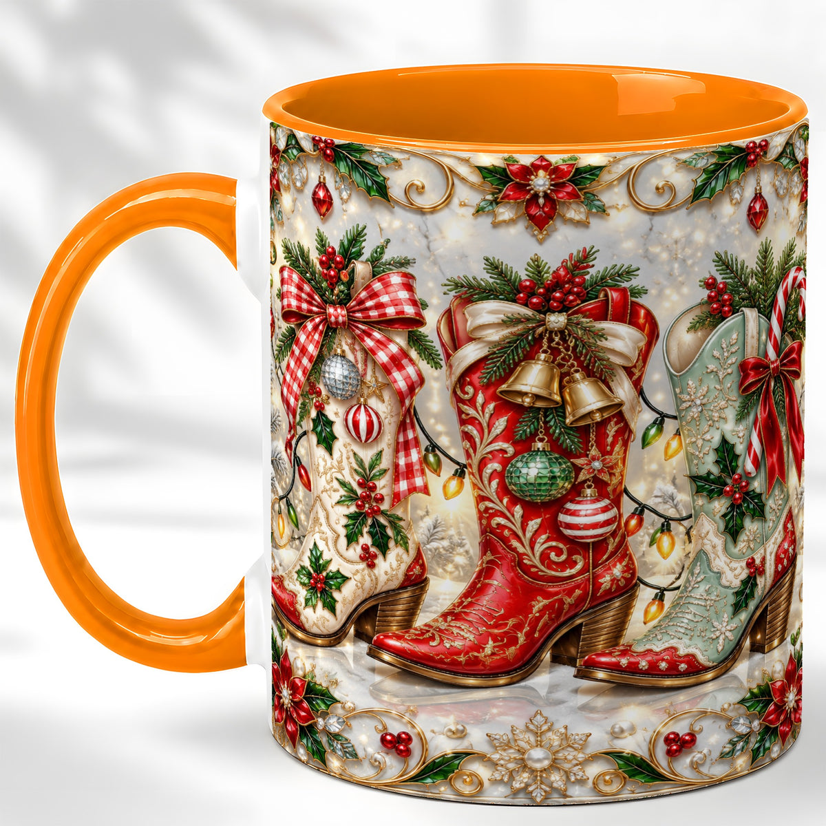 #pl[11oz|Orange] Christmas Cowboy Boots Coffee Mug, Western Boots Mug, Ceramic Cup