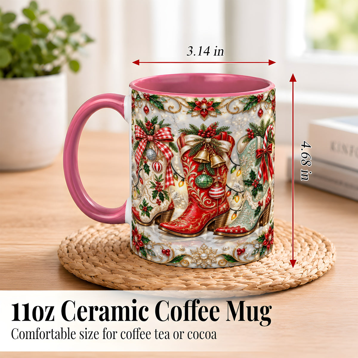 #pl[11oz|Pink] Christmas Cowboy Boots Coffee Mug, Western Boots Mug, Ceramic Cup
