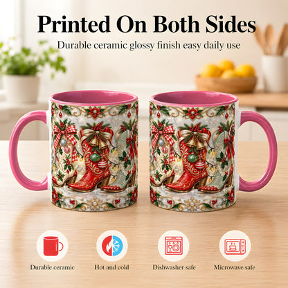 #pl[11oz|Pink] Christmas Cowboy Boots Coffee Mug, Western Boots Mug, Ceramic Cup