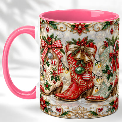 #pl[11oz|Pink] Christmas Cowboy Boots Coffee Mug, Western Boots Mug, Ceramic Cup