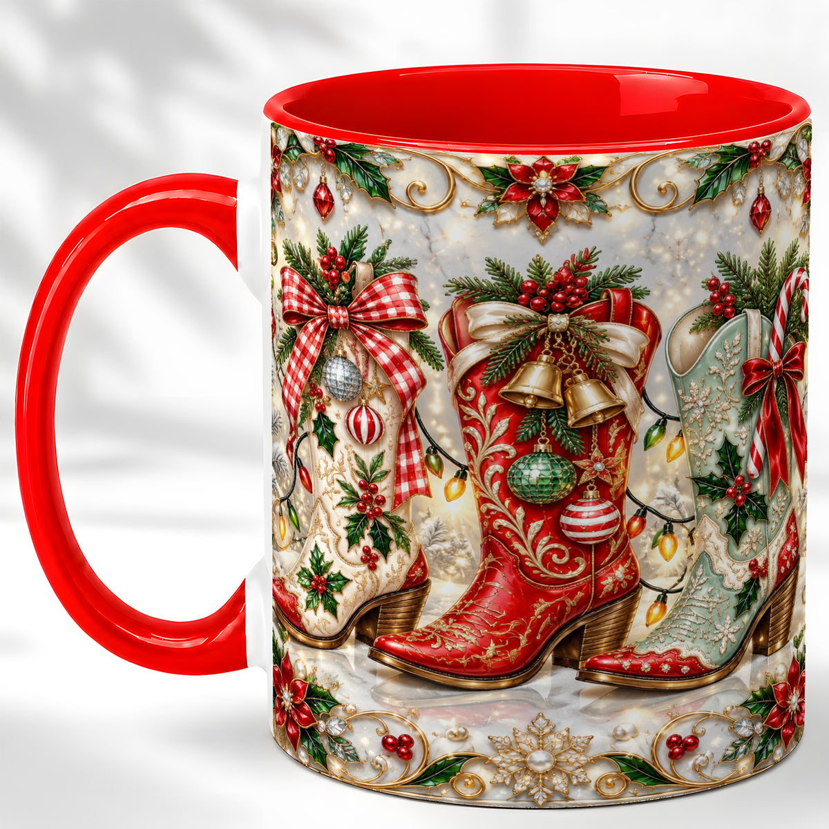 #pl[11oz|Red] Christmas Cowboy Boots Coffee Mug, Western Boots Mug, Ceramic Cup