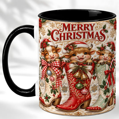#pl[11oz|Black] Christmas Cow Cowboy Boots Coffee Mug, Western Cow Mug, Ceramic Cup