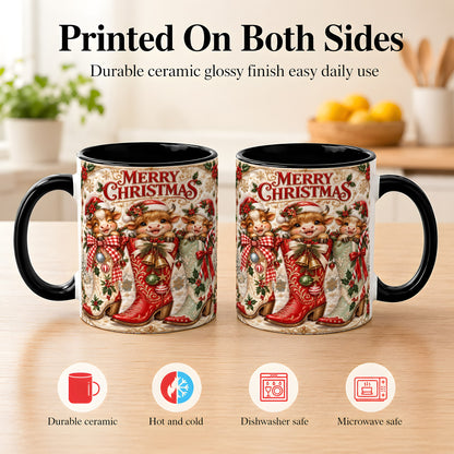 #pl[11oz|Black] Christmas Cow Cowboy Boots Coffee Mug, Western Cow Mug, Ceramic Cup