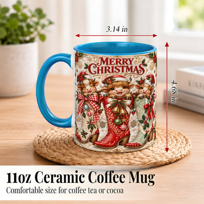 #pl[11oz|Blue] Christmas Cow Cowboy Boots Coffee Mug, Western Cow Mug, Ceramic Cup