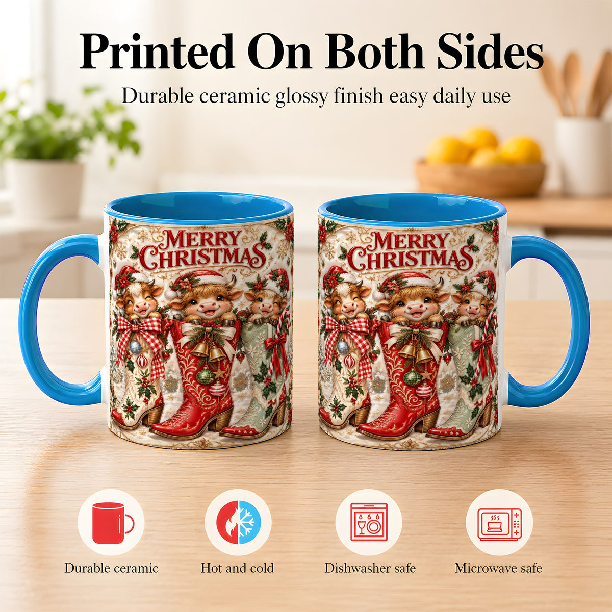 #pl[11oz|Blue] Christmas Cow Cowboy Boots Coffee Mug, Western Cow Mug, Ceramic Cup