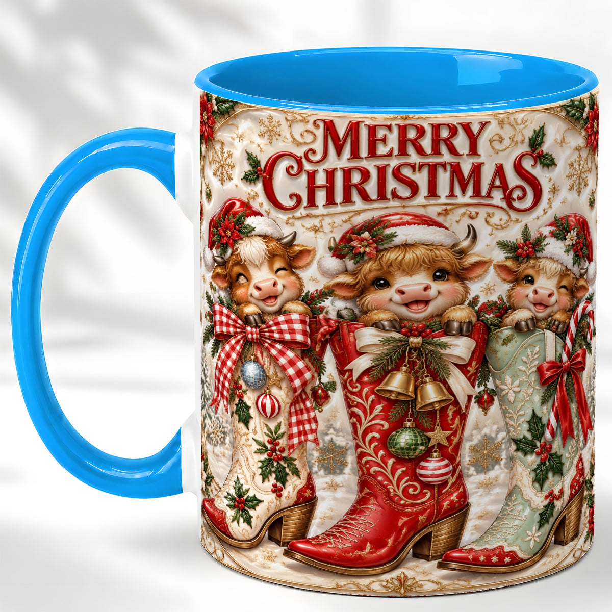 #pl[11oz|Blue] Christmas Cow Cowboy Boots Coffee Mug, Western Cow Mug, Ceramic Cup
