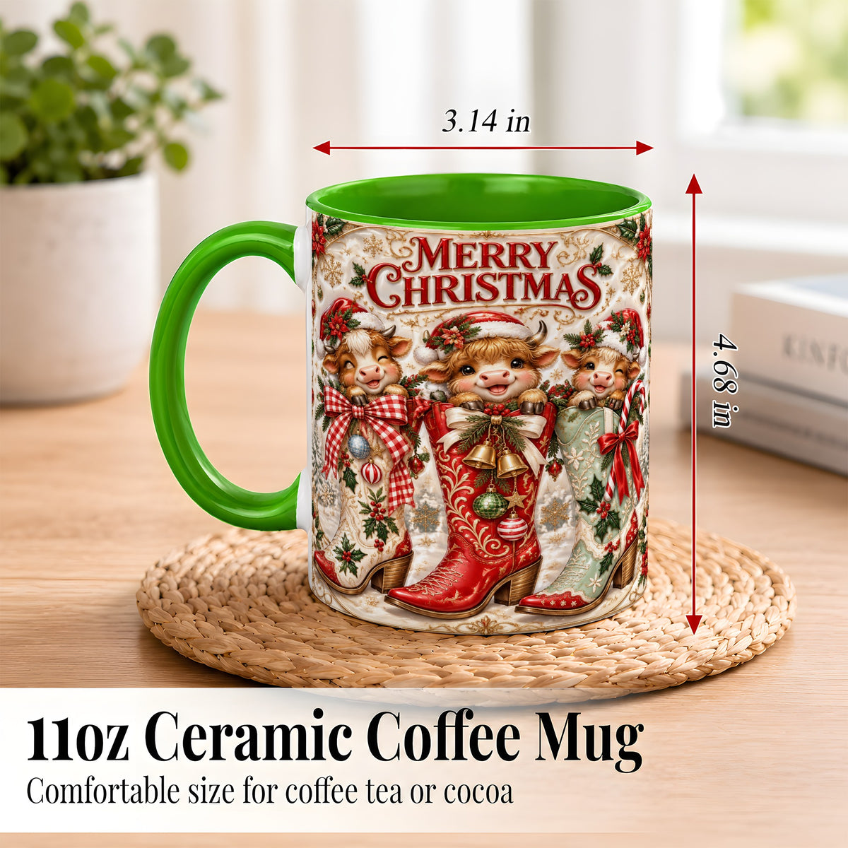 #pl[11oz|Green] Christmas Cow Cowboy Boots Coffee Mug, Western Cow Mug, Ceramic Cup