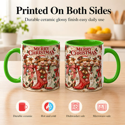 #pl[11oz|Green] Christmas Cow Cowboy Boots Coffee Mug, Western Cow Mug, Ceramic Cup