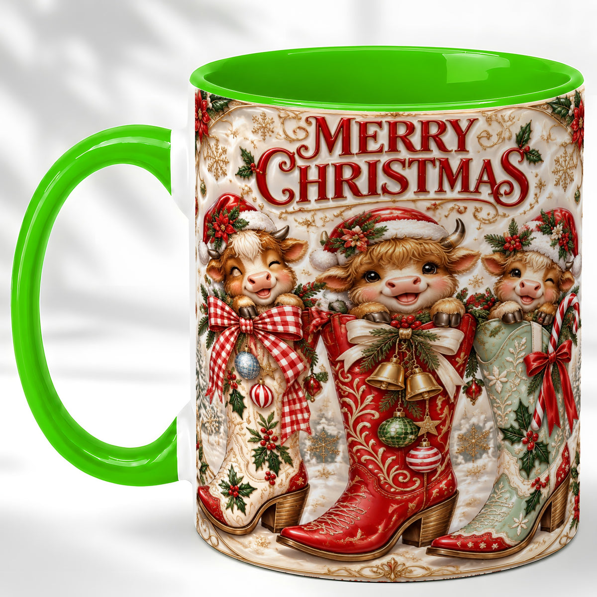 #pl[11oz|Green] Christmas Cow Cowboy Boots Coffee Mug, Western Cow Mug, Ceramic Cup